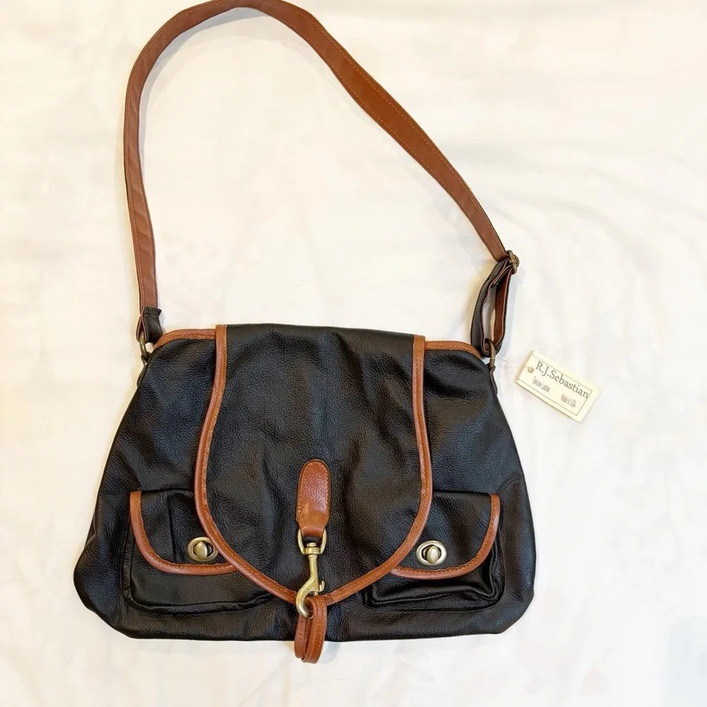 Black Leather and Brown Trim‎ Equestrian Crossbody Bag NWT Preppy 90s